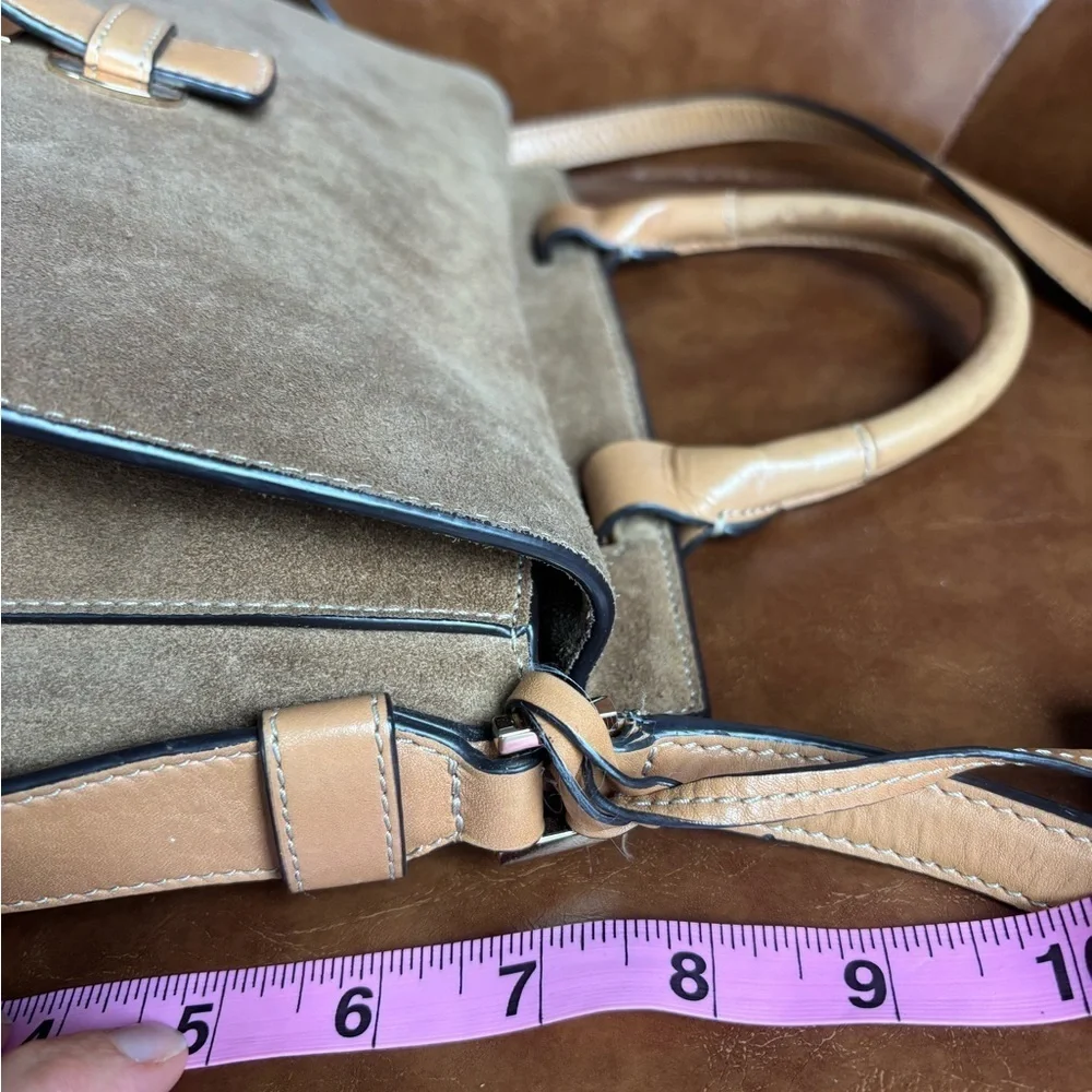 Michael Kors Romy Medium Suede Satchel Crossbody Bag Taupe Tan Leather